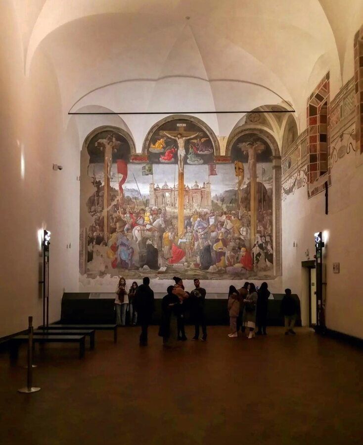 Detalle central del fresco de la Crucifixión en el refectorio de Santa Maria delle Grazie